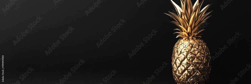 Poster luxurious golden pineapple standing on a sleek black surface with a refined and elegant appearance. 
