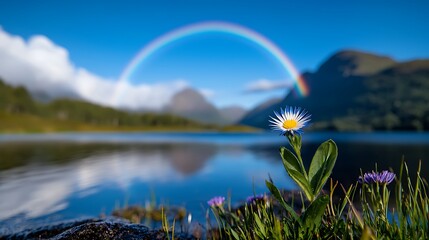 Rainbow over a mountain lake with wildflowers