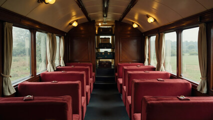 Fototapeta premium Vintage train carriage interior showcasing plush seating and elegant wood paneling in a serene countryside setting