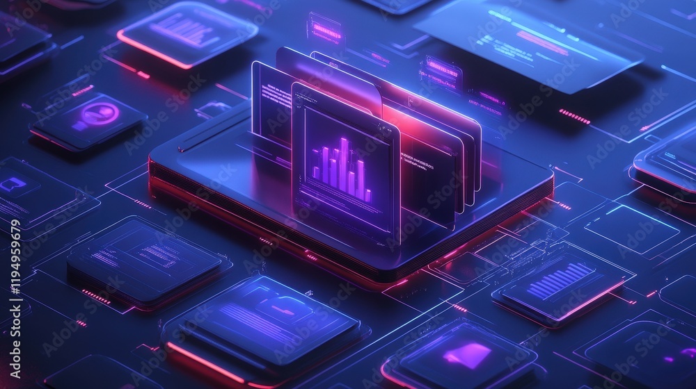 Poster futuristic online document management system design with colorful file storage interface for digital