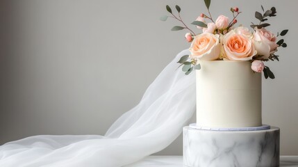 Fototapeta premium elegant wedding cake, simple soft-hued wedding cake on marble stand with pastel flowers and white fabric backdrop, embracing minimalism