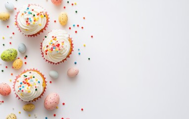 Delicate cupcakes adorned with fluffy white frosting and colorful sprinkles, perfect for celebrating Easter festivities on a clean white surface.