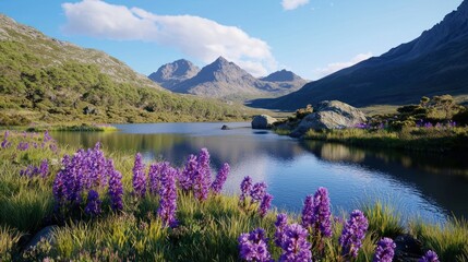 Serene Mountain Lake with Purple Flowers