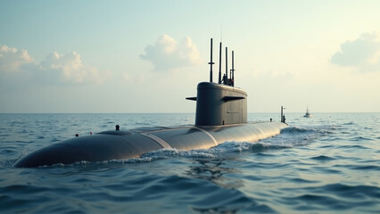 Submarine gliding through calm waters under a vast sky during early morning hours
