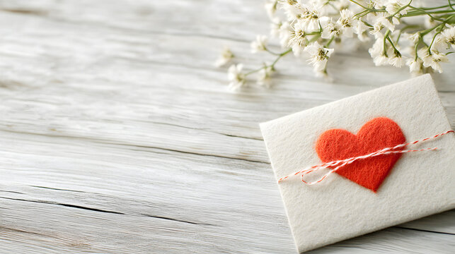 A handcrafted envelope with a red felt heart tied with striped twine, resting on a textured white wooden surface, perfect for Valentine's Day, love notes, or romantic stationery. Selective focus