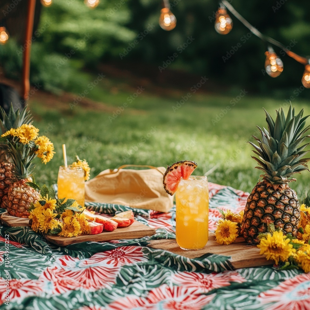 Poster enjoying a vibrant summer picnic with tropical drinks and fresh pineapples in a grassy outdoor setti