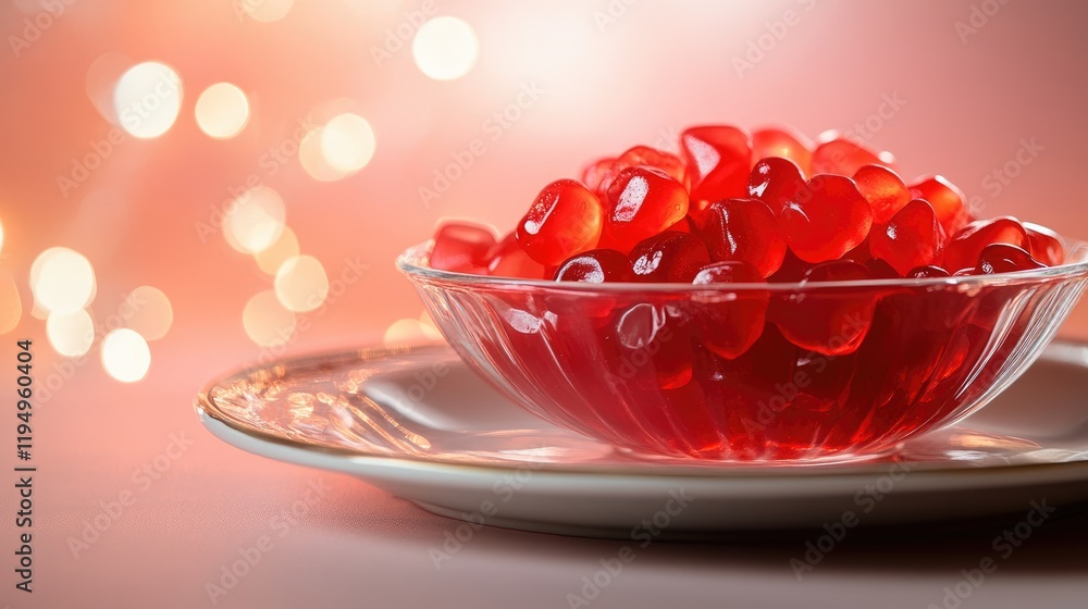Poster a beautiful bowl filled with red jelly candies, set on an elegant plate with a softly lit background