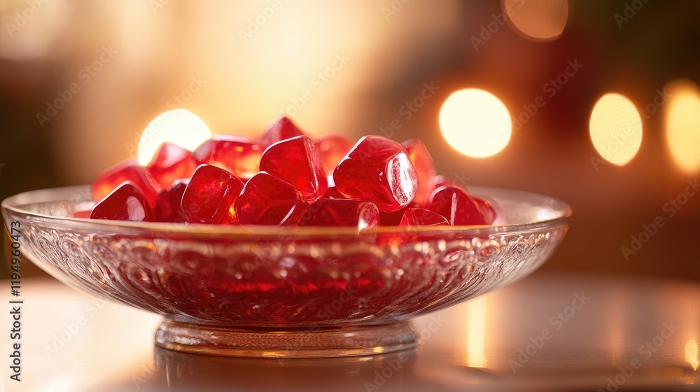 Poster a beautiful bowl filled with red jelly candies, set on an elegant plate with a softly lit background