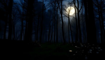 Fototapeta premium a full moon shines through the trees in a dark forest