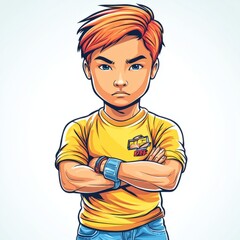 A young boy with orange hair stands arms crossed