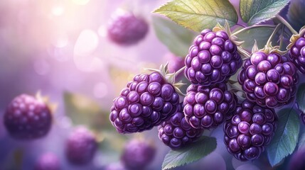 Ripe blackberries on branch with leaves.
