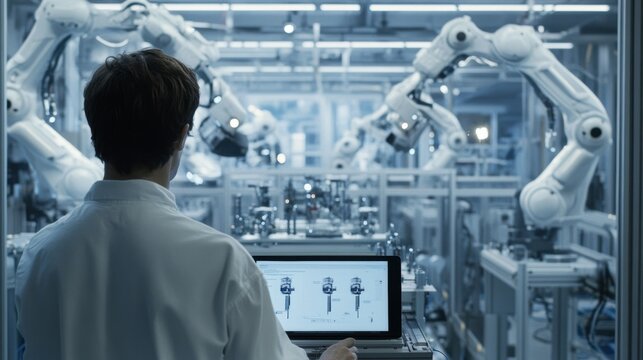 A worker monitoring a tablet displaying live analytics and metrics from edge computing systems surrounded by advanced robotic arms assembling components in the background.