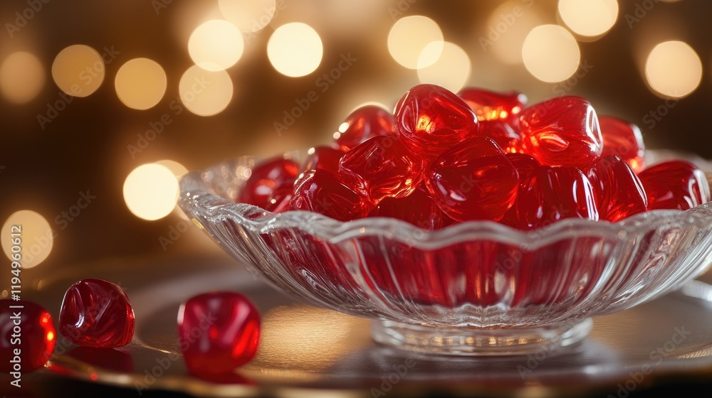 Poster a beautiful bowl filled with red jelly candies, set on an elegant plate with a softly lit background