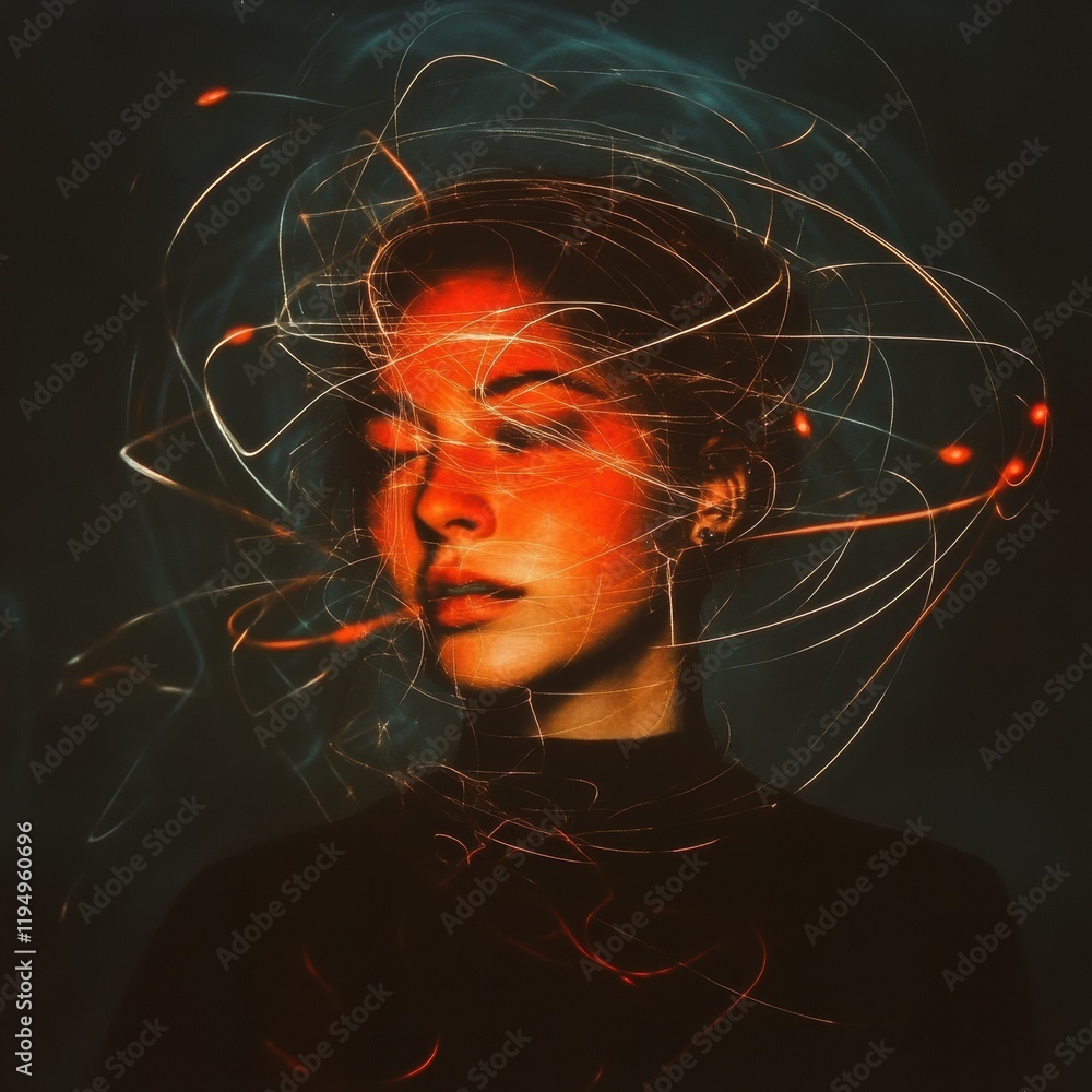 Leinwandbilder person with swirls of light and abstract shapes surrounding them in a creative moment at night. gene