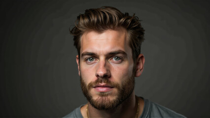 Obraz premium Young man with beard and expressive eyes gazes thoughtfully at the camera in a dimly lit space