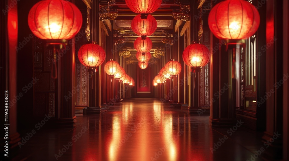 Poster A beautiful corridor illuminated by glowing red lanterns, creating a captivating and warm atmosphere filled with traditional charm.