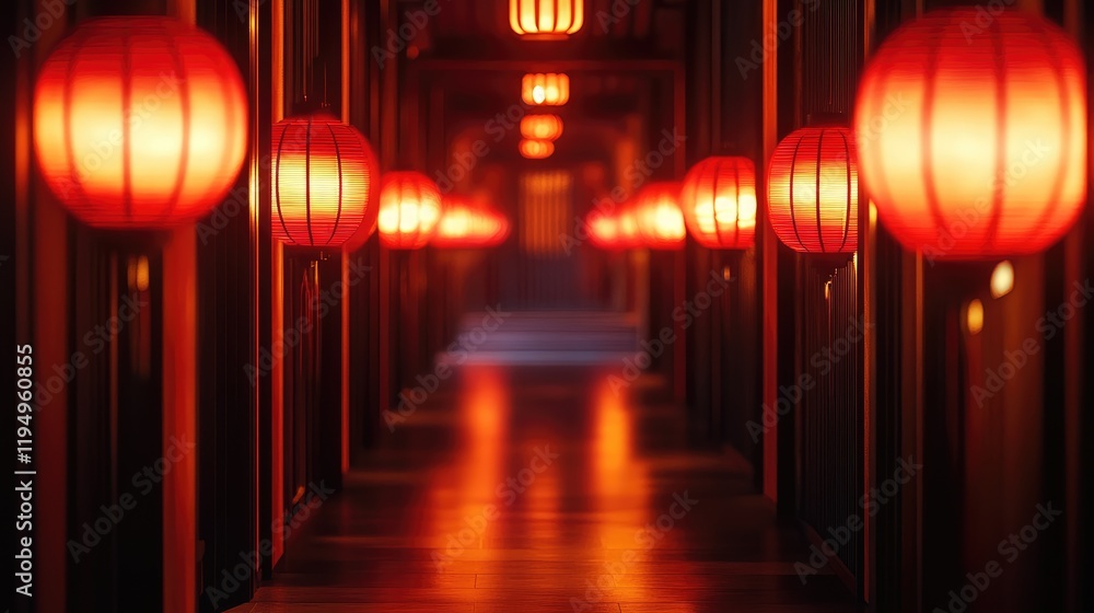 Poster A beautiful corridor illuminated by glowing red lanterns, creating a captivating and warm atmosphere filled with traditional charm.