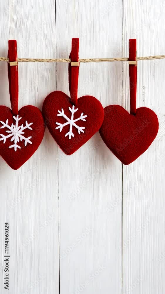 Poster colorful red hearts adorned with white snowflake patterns are neatly hung on a string, creating a fe
