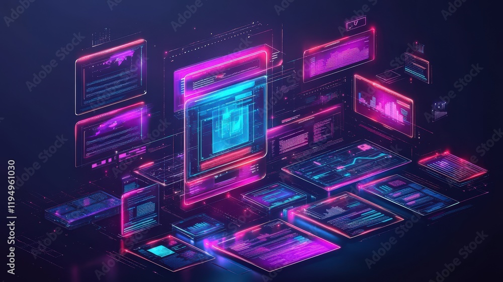 Poster abstract digital illustration of modern document management system interface for online file storage