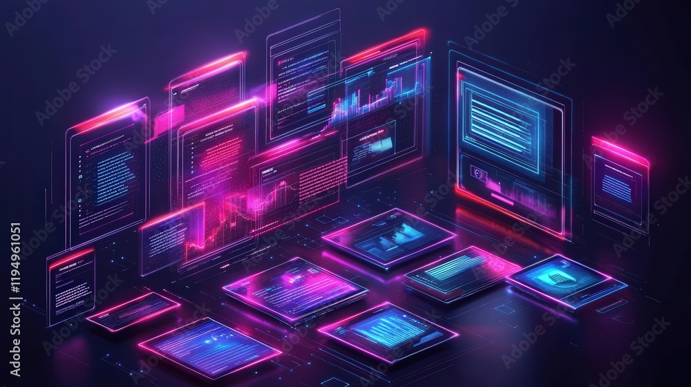 Poster futuristic digital interface for document management system with colorful visual data representation