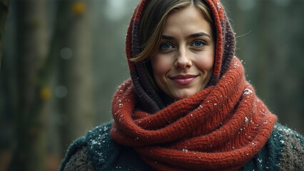 Woman in warm scarf smiling in a snowy forest during winter