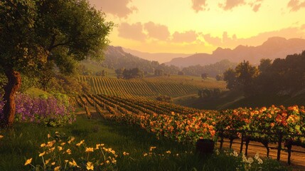 Naklejka premium Scenic vineyard landscape at sunset with rolling hills and flowers.