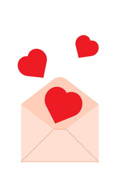 Open cream beige envelope with red hearts flying out of it. Fun vector illustration on transparent background. Valentine's Day art for love letters, romantic designs, greeting cards, social media