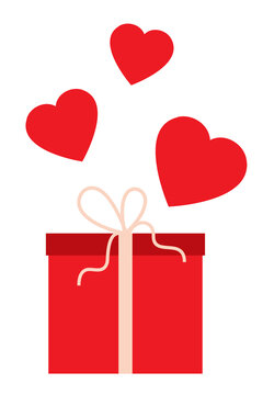 Red gift box with pink ribbon and floating hearts isolated on white background, Valentine's Day present, romantic gift. Fun vector illustration for love, romance and celebration design