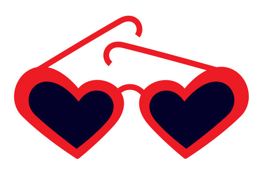 Heart-shaped sunglasses in red frame with dark lenses on isolated white background, romantic, fun fashion accessory for summer, Valentine's, Galentine's Day and fun post, banner, social media
