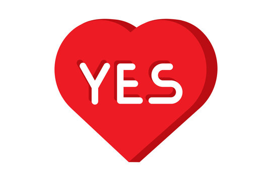 Yes text in big red heart shape isolated on white background, love acceptance and proposal vector illustration for Valentine's Day, wedding and romance design artworks. Box of chocolate, gift, present
