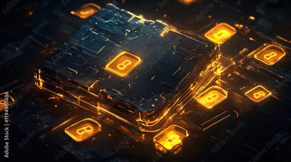 Aufkleber glowing microchip with digital lock icons on dark background