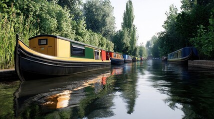 Naklejka premium Colorful boats moored along a serene canal surrounded by greenery.
