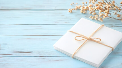 Fototapeta premium A stack of white envelopes tied with natural twine on a blue wooden surface, ideal for rustic wedding invitations, heartfelt messages, or creative packaging designs. Selective focus