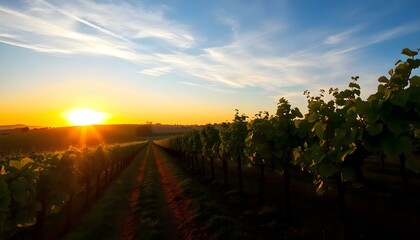 Fototapeta premium the sun is setting over a vineyard