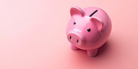 Pink piggy bank positioned slightly to the right on a soft pink background with a smooth texture showcasing savings concept for children and finances.