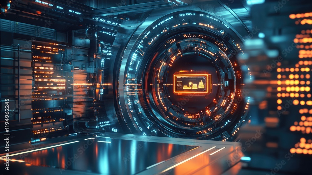Poster futuristic digital tunnel with glowing elements and abstract design