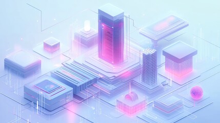 Fototapeta premium Abstract futuristic city with glowing buildings and data connections.