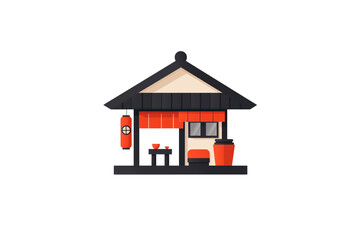 A quaint, stylized representation of a small house featuring a traditional roof, vibrant red accents, and a cozy outdoor seating area.
