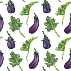 Seamless autumn harvest pattern with eggplant and leaves. Farm organic products, healthy vegetables, sustainable gardening, greens crop. Hand drawing background for wrapping paper, textiles, design