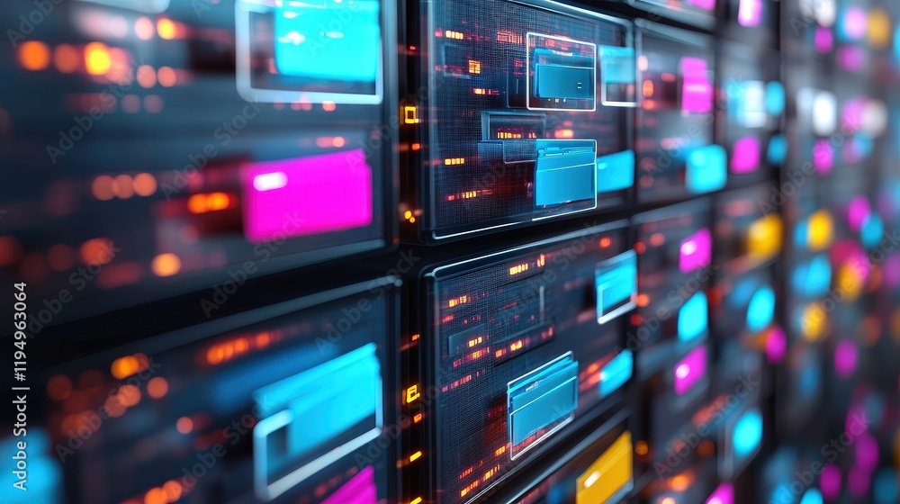 Poster digital management system interface for online file storage and organization with colorful data bloc