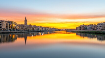 Fototapeta premium Sunset reflection over a calm river with buildings and a tower.