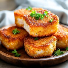 Crispy deep-fried pork cutlets on a wooden plate, garnished with parsley