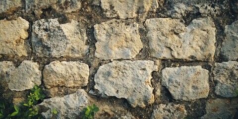 Aged stone wall texture with irregular light beige blocks, green foliage accents, captured in a close-up macro view, ideal for background designs.