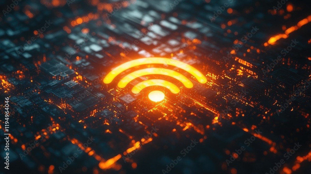 Poster a bright, glowing wi-fi symbol in orange floats in a digital space, representing cutting-edge techno