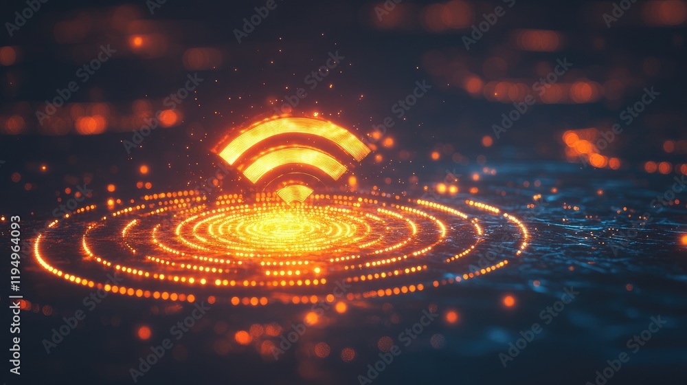 Poster a bright, glowing wi-fi symbol in orange floats in a digital space, representing cutting-edge techno