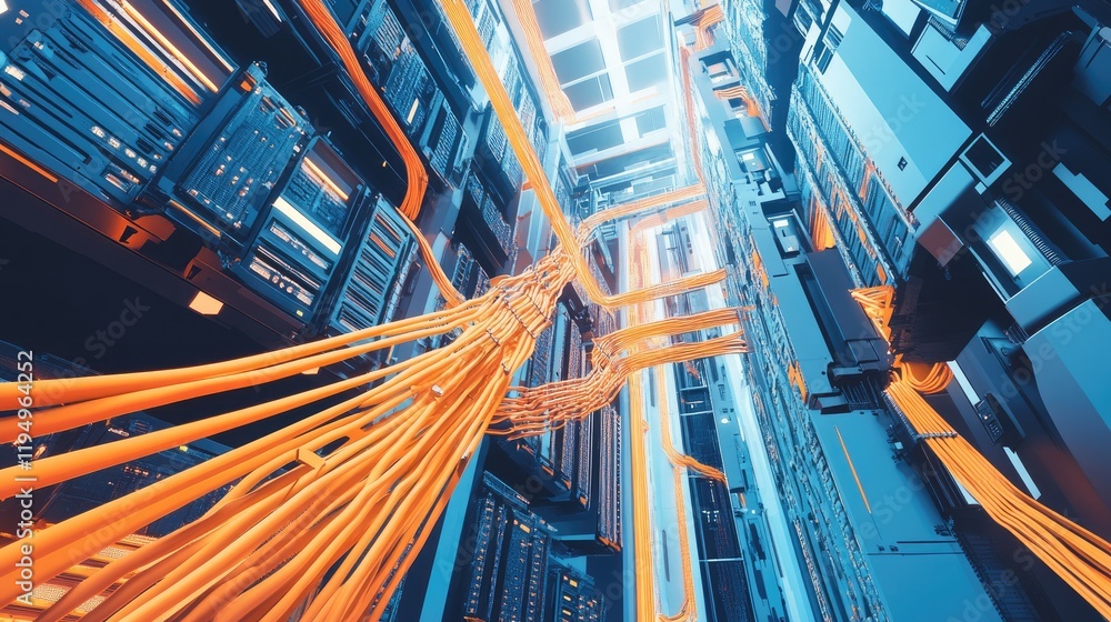 Poster a bustling server room with numerous interconnected servers and bright orange cables, symbolizing ad