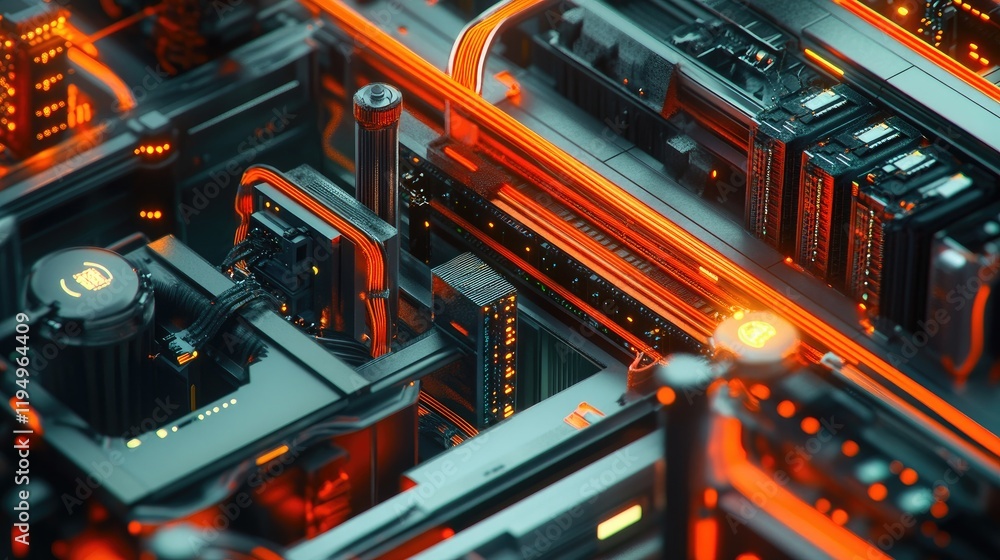 Poster a bustling server room with numerous interconnected servers and bright orange cables, symbolizing ad