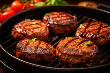 Grilling succulent beef steaks surrounded by fresh tomatoes and herbs. Generative AI
