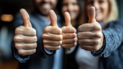 Happy team giving thumbs up, office background, success