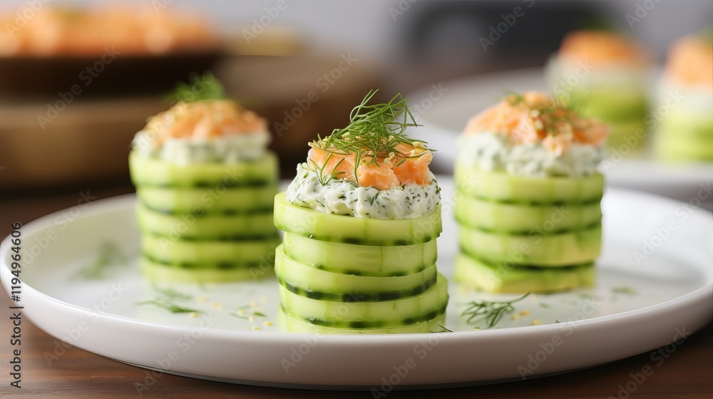 Poster layered cucumber stacks topped with cream and smoked salmon showcase culinary art. generative ai